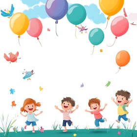 Happy Children with Balloons Cartoon Art