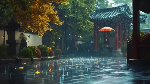 Autumn Rain in a Traditional Garden