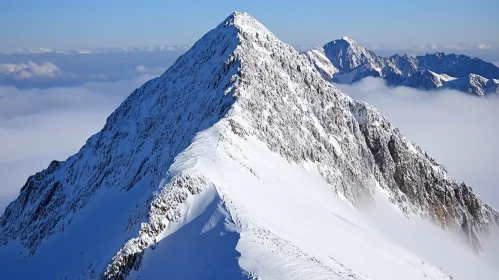 Snowy Summit Amidst Misty Peaks