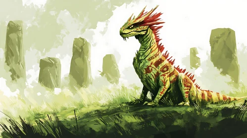 Mythical Dragon in Grassy Field