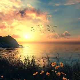 Tranquil Sunset Seascape with Birds