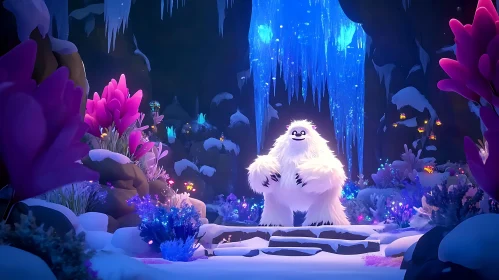 Cartoon Yeti in Snowy Cave