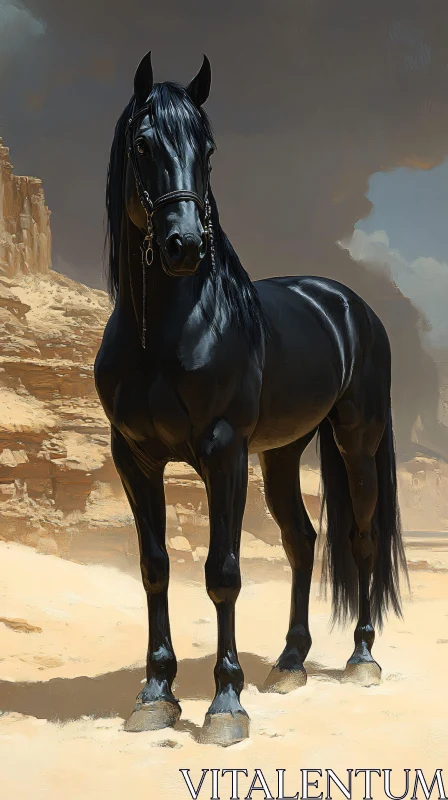 AI ART Elegant Black Horse in Sunlit Desert