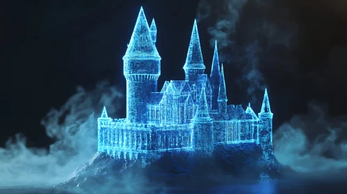 Blue Holographic Castle in Mist