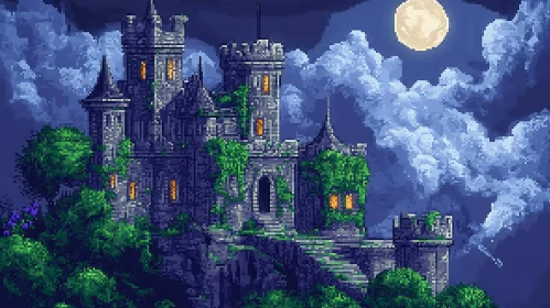 Nighttime Pixel Castle Landscape