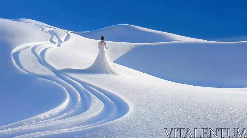 Snowy Landscape with a Woman in White AI Image