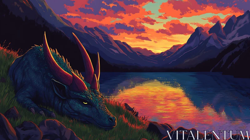 AI ART Sunset Dragon by the Lake