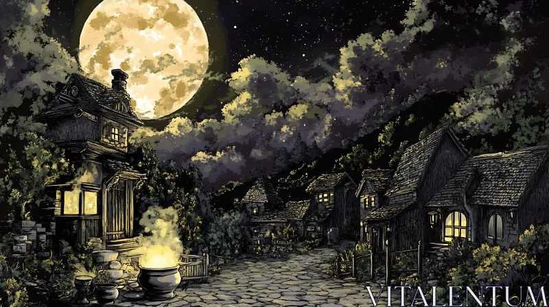 AI ART Fantasy Village Under the Moon