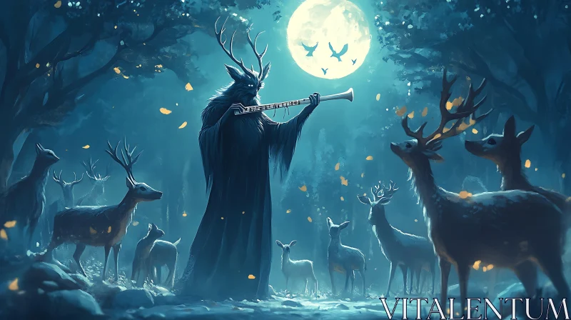 Mystical Forest Deer Flute Performance AI Image