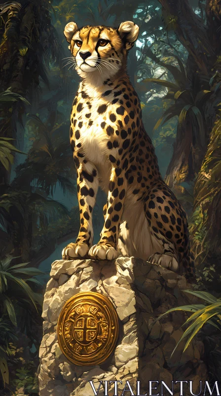 Cheetah on Pedestal in Lush Jungle AI Image