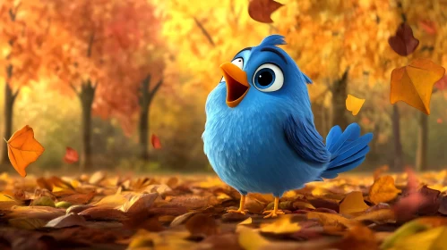 Cartoon Bird Singing in Fall Landscape