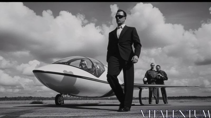 Confident Man and Futuristic Aircraft in Black and White AI Image