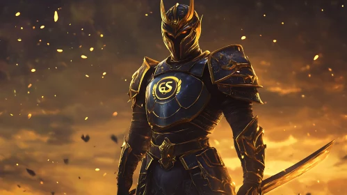 Armored Warrior with Sword in Fiery Setting