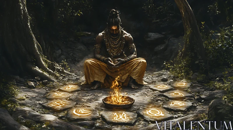 Forest Meditation with Fire and Runes AI Image