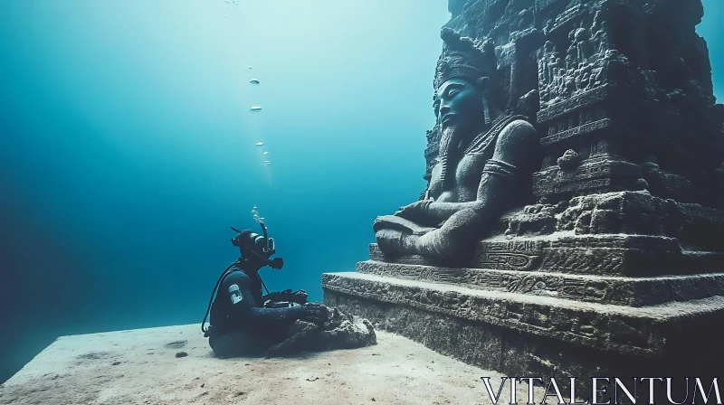 Submerged Ancient Statue and Deep Sea Diver AI Image