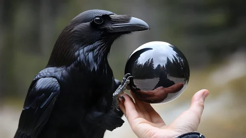 Black Raven Holding Mirrored Sphere