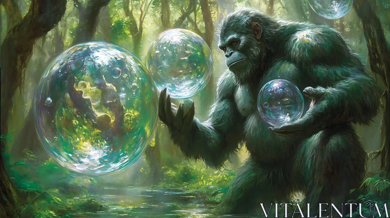 AI ART Mystical Monkey in Forest with Bubbles