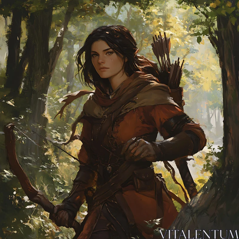 AI ART Female Archer in Woodland Scene