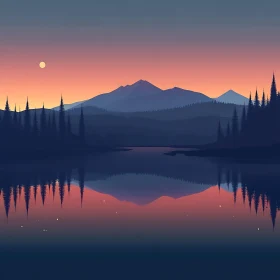 Tranquil Lake and Mountain Sunset Scene
