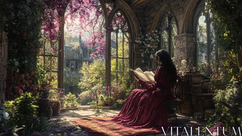 Woman Reading Book in Floral Garden AI Image