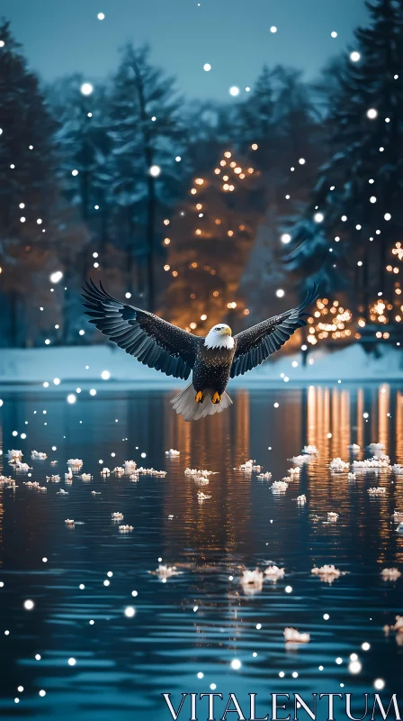 Eagle Soaring Over Snowy Lake AI Image