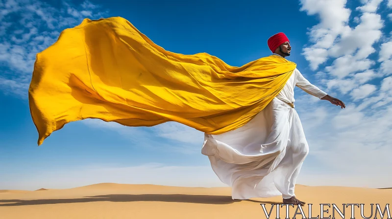 Man in Desert with Yellow Cloth AI Image