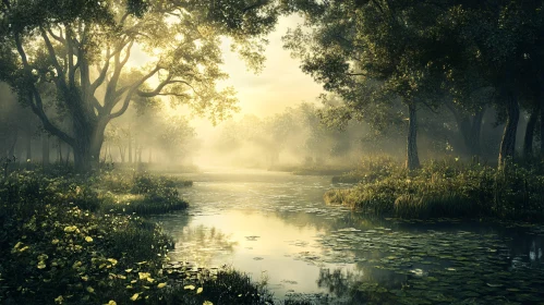 Serene River Landscape with Sunlit Mist