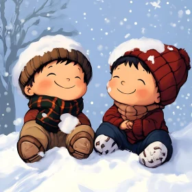 Cartoon Kids Enjoying Snowy Weather