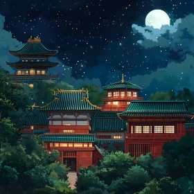 Nighttime Asian Buildings with Moon