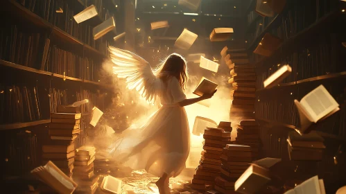 Winged Figure Reading in Book Filled Library