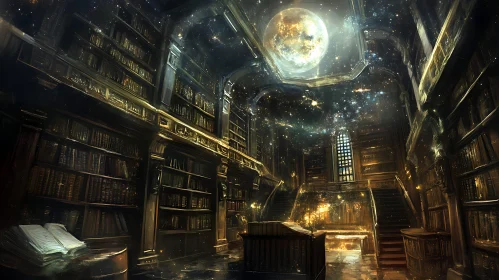 Grand Library with Celestial Sky