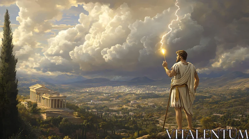 AI ART Greek God with Lightning Over Ancient City