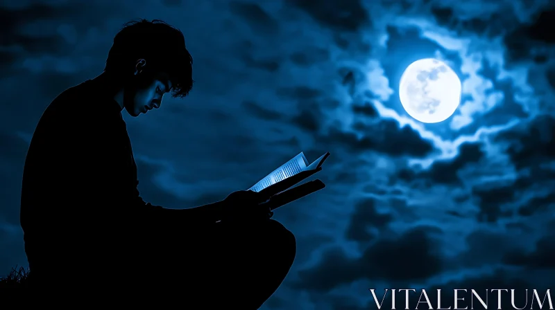 Silhouette Reading Under Moonlight AI Image