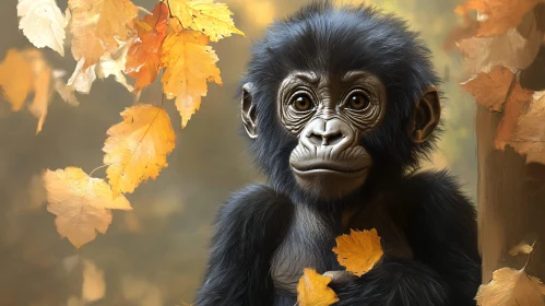 Young Monkey in Autumn Forest