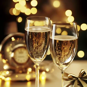 Golden Celebration: Champagne Flutes and Bokeh Lights