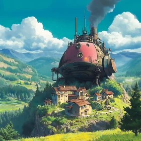 Hilltop Steampunk Structure with Quaint Village