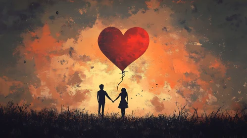 Silhouette Couple with Heart Balloon