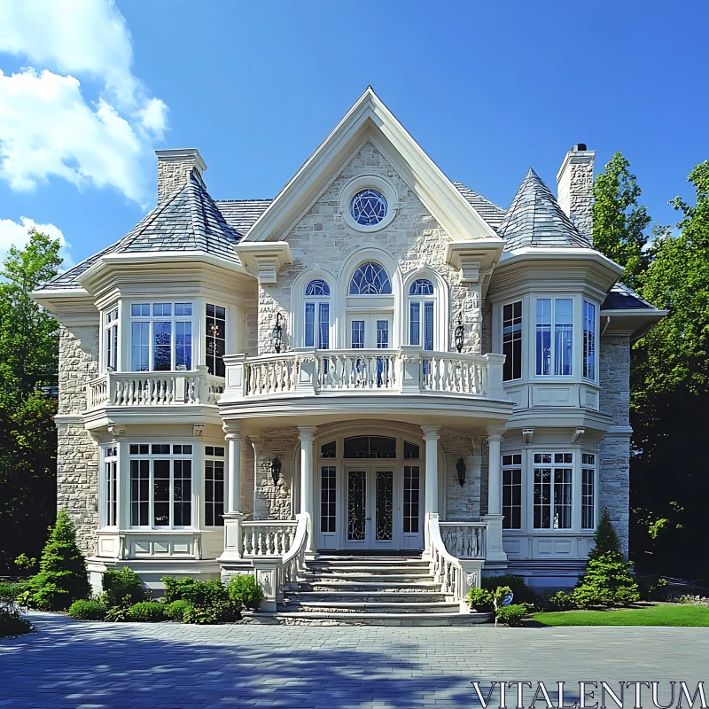 Grand Mansion with Symmetrical Stone Facade AI Image