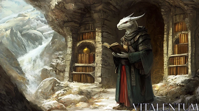 AI ART Fantasy Dragon Reading in Stone Library