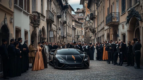 Black Luxury Car in Historic Parade Setting