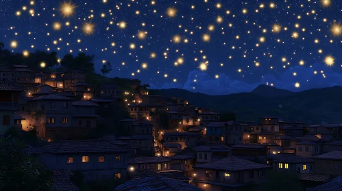 Night Scene of Village with Stars