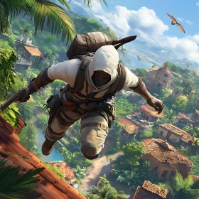 Leaping Assassin Overlooking Tropical Landscape