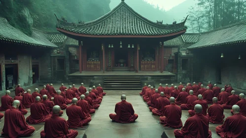 Monks Meditating in Temple Courtyard