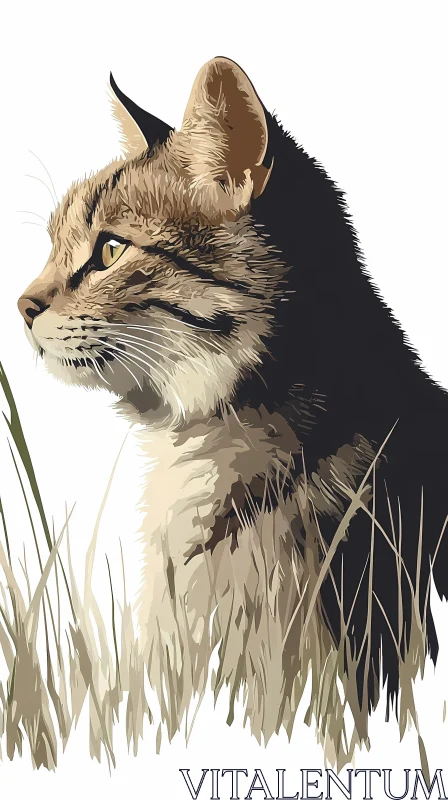 Profile of Wild Cat in Grass Illustration AI Image