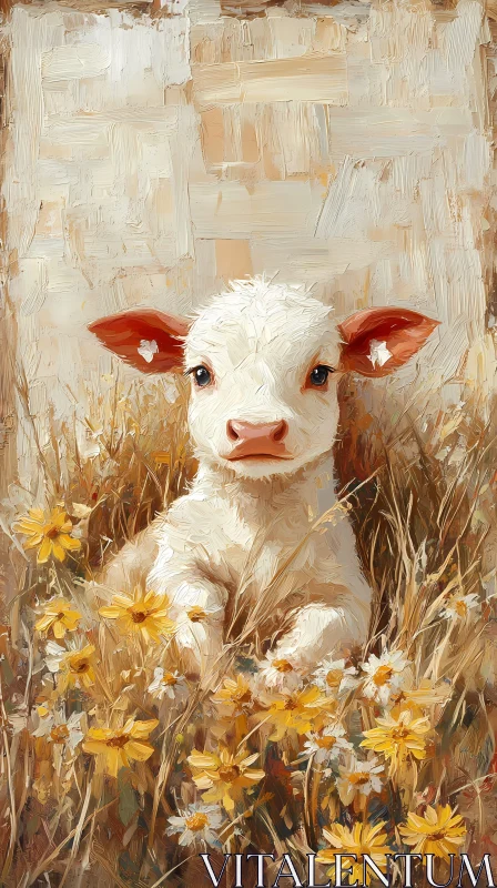 Young Cow in a Flower Field AI Image