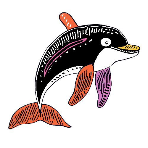 Cartoon Dolphin with Multicolored Fins and Transparent Background