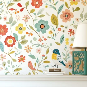 Cheerful Floral and Bird Wallpaper
