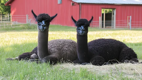 Alpacas Lying in Grass Near a Red Barn