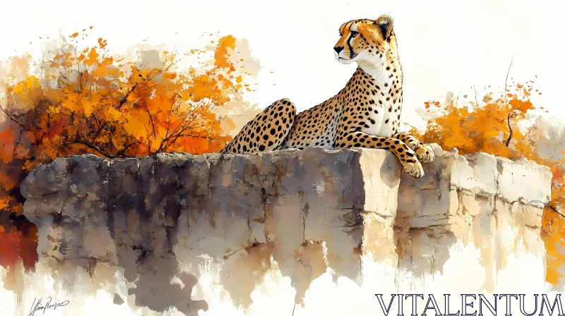 Cheetah on Rocky Ledge with Autumn Colors AI Image