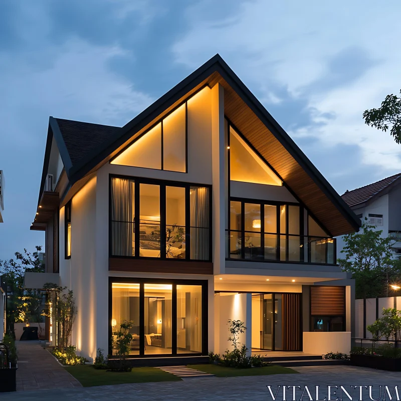 Contemporary Two-Story House Lit Up in the Evening AI Image